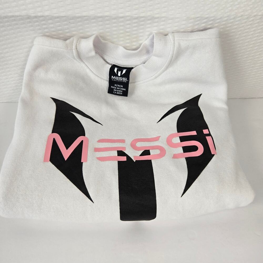Messi Oversized White Graphic Pullover Soccer Fan Sweatshirt Girls/Unisex M